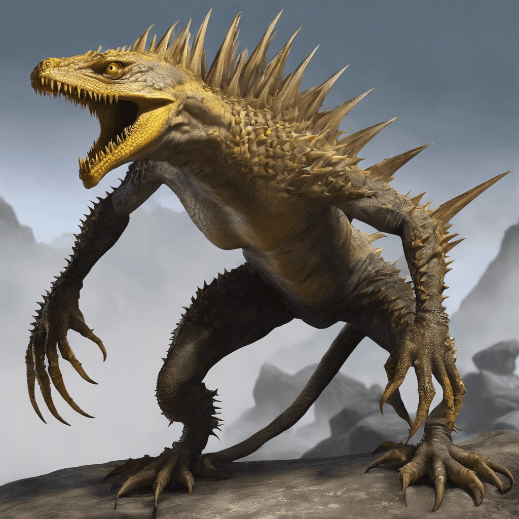 A massive lizard-like creature with scales resembling jagged thorns and piercing yellow eyes. Its serpentine body is supported by four sturdy legs, each tipped with sharp claws. Twin rows of spiney ridges run from its head to the tip of its long tail.