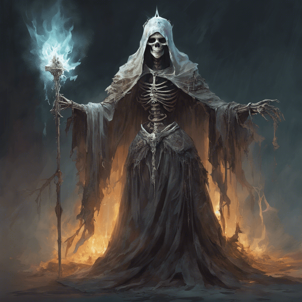 A ghostly figure with a skeletal visage, draped in tattered royal robes that move as if underwater, a crown still resting on its head, and eyes that burn with a baleful light. It wields a rusted, spectral blade.