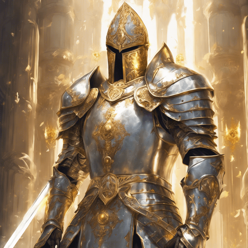 A towering knight in gleaming silver and gold armor, adorned with holy symbols and radiating a soft, golden light. He holds a massive longsword that glimmers with divine enchantment.