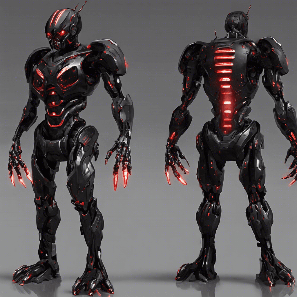 The TechTerror is a humanoid figure covered in sleek, black cybernetic armor, with glowing red circuits running along its body. Its eyes are replaced with piercing red LED lights that scan its surroundings for any threats. Sharp metallic claws extend from its fingertips, ready to strike at any moment.