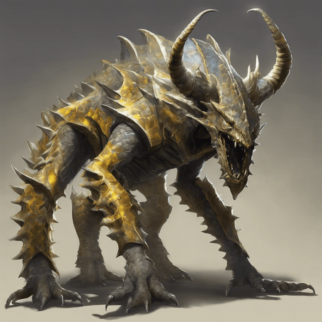 A large scaled creature with glistening stone-like armored plates covering its back. It has eight legs, a long sinuous tail, and piercing yellow eyes that bore into everything they look upon. Its jaws contain rows of jagged teeth, and a crown of sharp horns adorns its head.