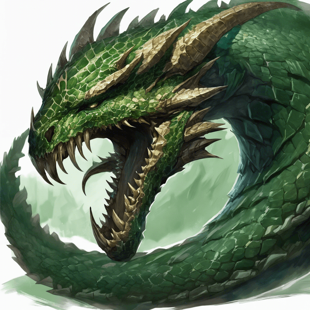 A massive, serpent-like creature with a petrifying gaze, armored with thorny scales that glisten emerald and a jaw filled with razor-sharp fangs.