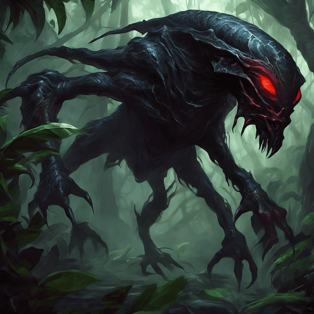 The Void Stalker is a mysterious alien creature that lurks in the shadows of the jungle. It has dark, shimmering skin that seems to absorb all light, making it nearly invisible in the darkness. Its sharp claws and glowing red eyes instill fear in those who catch a glimpse of it, as it moves silently and swiftly through the foliage.