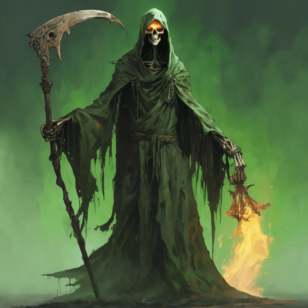 A tall, skeletal figure draped in tattered robes. Its eye sockets burn with a malevolent green flame, and it wields a rusted, but still sharp, scythe.