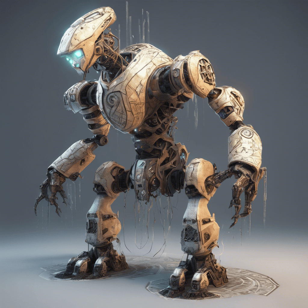 A towering robotic sentinel, its surface a complex mesh of glowing runes and ancient carvings, with limbs that seem to shift and change, adapting to any threat.