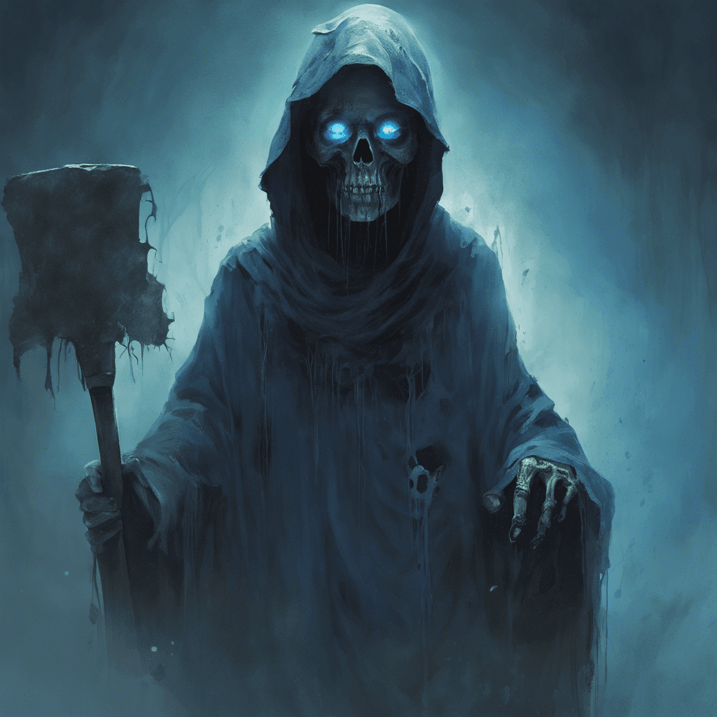 A ghostly figure emanating an eerie blue light, draped in tattered funeral garments, with a face obscured by shadows except for two piercingly bright, malevolent eyes. It wields a rusty, ethereal shovel.