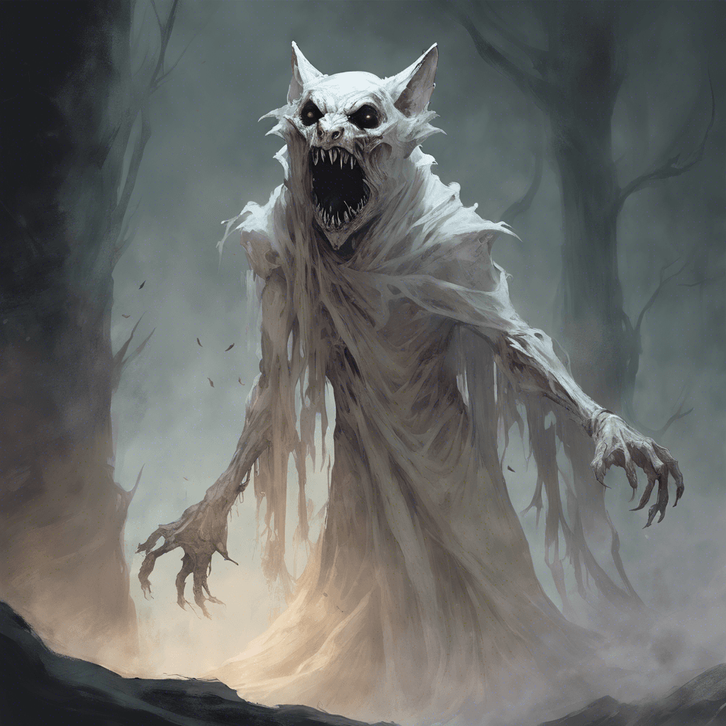 A gaunt figure with pale, translucent skin and hollow eyes. Tattered robes cling to its ethereal form, and a chilling howl emanates from its gaping mouth, the sound warping the air around it.