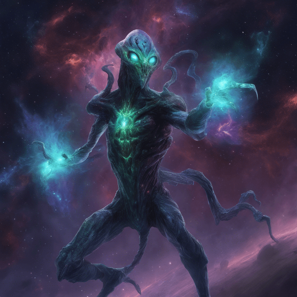 The Nebula Harbinger is a towering alien entity shrouded in swirling cosmic dust and emitting an ethereal glow. Its eyes glow with an otherworldly intelligence, and tendrils of energy crackle around its form, ready to unleash devastating attacks.