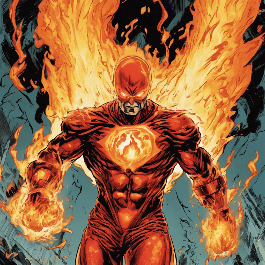 Inferno is a supervillain with the power of pyrokinesis, able to manipulate and control fire at will. He is clad in a fiery suit that enhances his abilities, making him a formidable opponent in combat. His eyes burn with intensity and his mere presence raises the temperature in the vicinity.