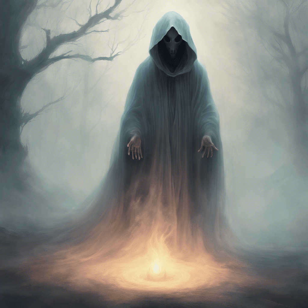 A translucent figure, cloaked in an ethereal mist, with hollow eyes that seem to stare into your very soul. It hovers above the ground, its edges flickering like the flame of a dying candle.