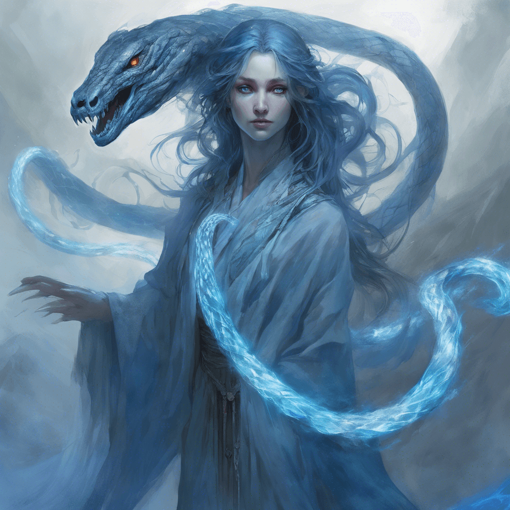 An ethereal figure, almost serpent-like but with humanoid features, draped in tattered robes that flutter as though caught in an unfelt breeze. Its eyes glow a fierce, unnatural blue, and its form shimmers with spectral energy.