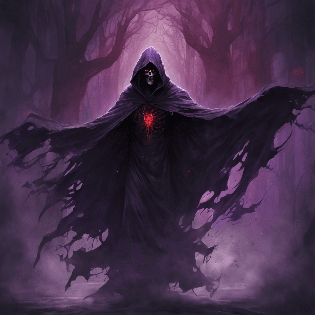 A tall figure shrouded in a tattered cloak, emanating a sinister aura of dark purple energy crackling around its skeletal hands. Its face is obscured by a hood, with two gleaming red eyes piercing the shadows beneath. The Nethermancer floats slightly above the ground, leaving no footprints in its wake, and its presence causes a noticeable chill in the air around it.