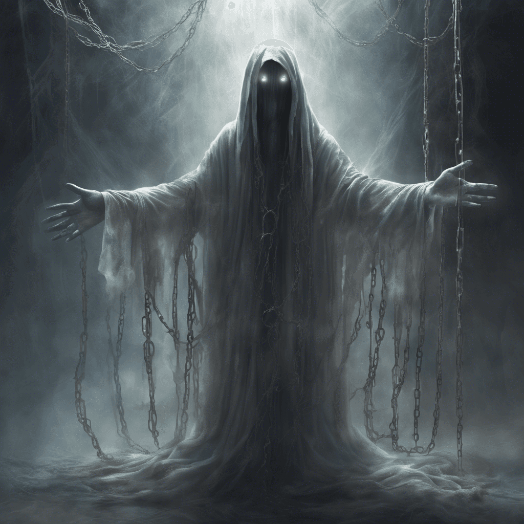 A spectral figure shrouded in tattered robes, its eyes glowing with otherworldly light, ethereal chains clanking softly as it floats above the ground, with long, ghostly fingers stretched towards you.