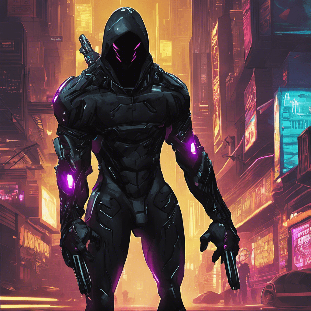 The Shadow Cyborg is a sleek and deadly assassin created by SynthTech. Its body is coated in a dark, reflective material that allows it to blend seamlessly into the shadows of the neon-lit city. Its cybernetic enhancements give it enhanced strength, speed, and agility, making it a formidable opponent.