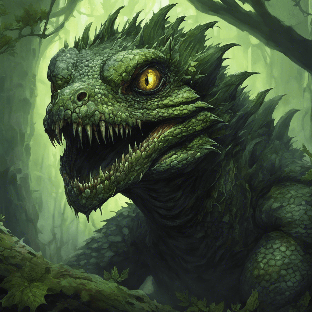 A scaly reptilian creature with a petrifying gaze, bearing thick thorny scales that blend with the blighted forest's withered vegetation. Its eyes shimmer with an eerie green light.