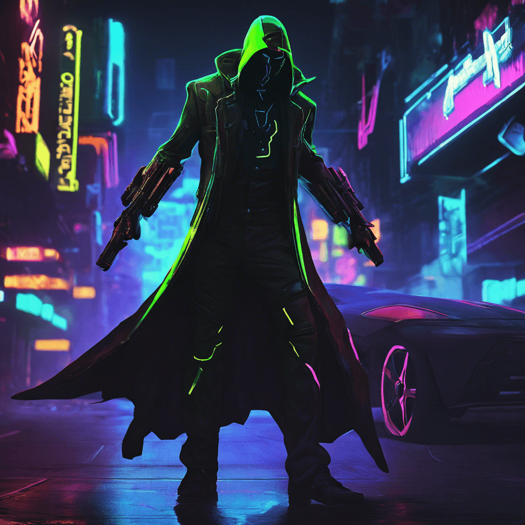 The Neon Shadowrunner is a cybernetically enhanced mercenary cloaked in a suit that seems to absorb light, blending seamlessly into the shadows of the neon-lit streets. Their eyes glow with a faint neon light as they move with silent precision, ready to take down any intruders.