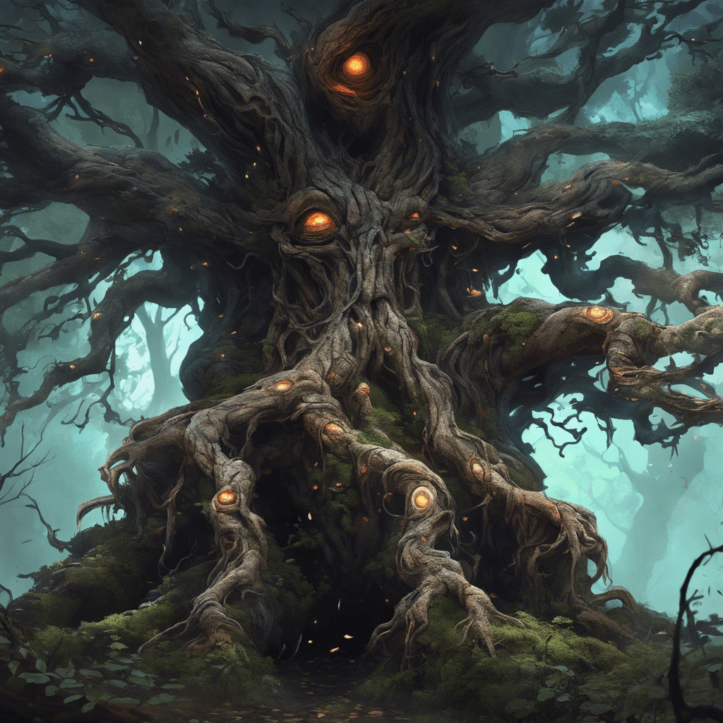 A towering tree-like creature with twisted, gnarled branches for arms, and a face hidden within the bark. Glowing fungal growths and patches of dark, oozing sap mark its trunk.