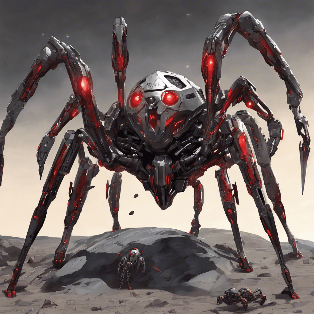 A sleek, spider-like robotic sentinel hidden within the asteroid. It has gleaming red eyes and several articulated limbs, each tipped with various weaponry.