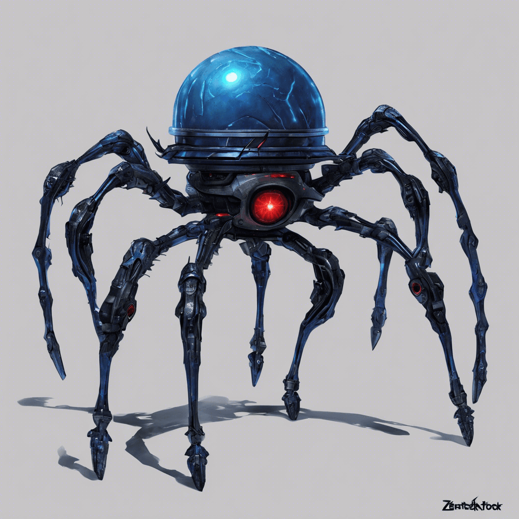 The Zentok Voidstalker is a mechanical entity covered in sleek, dark metal plates with veins of blue energy crackling across its surface. It has four spider-like legs, and a central eye that emits a scanning red beam. It possesses two slender arms, each tipped with an array of dangerous looking tools and weapons.