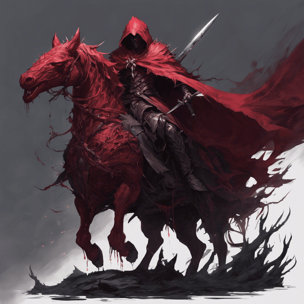 A menacing figure atop a dark steed, cloaked in a tattered crimson cape with armor made of twisted thorns. It carries a jagged sword that glows with a malevolent aura.