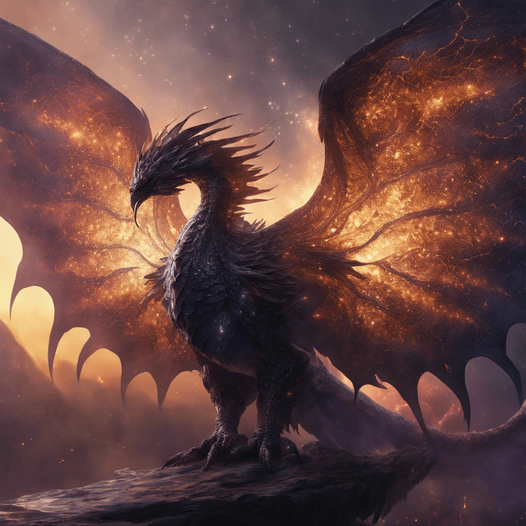 A gargantuan winged creature with dark, ethereal scales that refract ambient cosmic light to create shimmering patterns across its body. It has smoldering eyes that burn like twin stars, and a breathable aura of twilight energy that distorts the air around it.