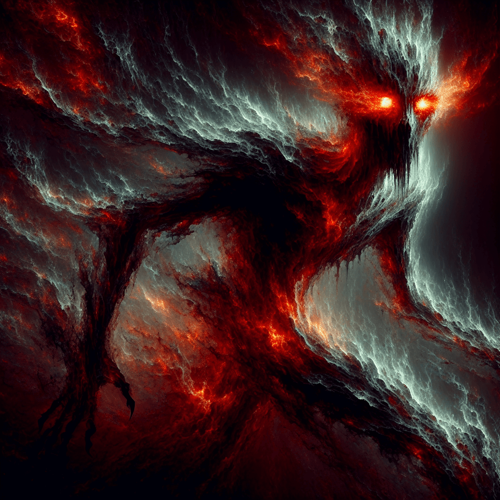 A towering creature born from undulating shadows, with eyes gleaming like red hot embers. It moves with unnatural silence, its form shifting, solid one moment, incorporeal the next. Dark tendrils whip out aggressively from its body.