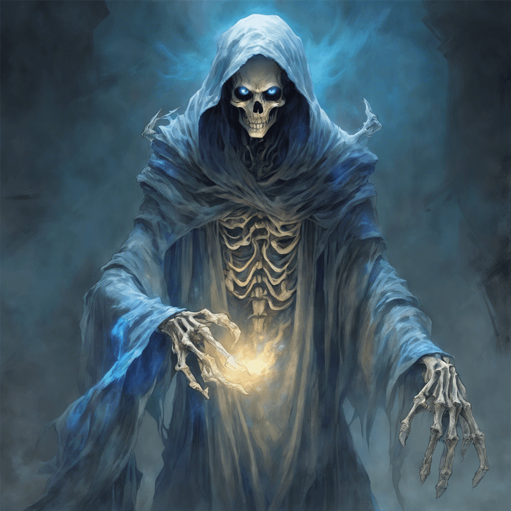 A spectral entity with piercing blue flames for eyes, draped in tattered robes that seem to absorb the light around it. Skeletal hands reach out, claw-like, from under its sleeves.