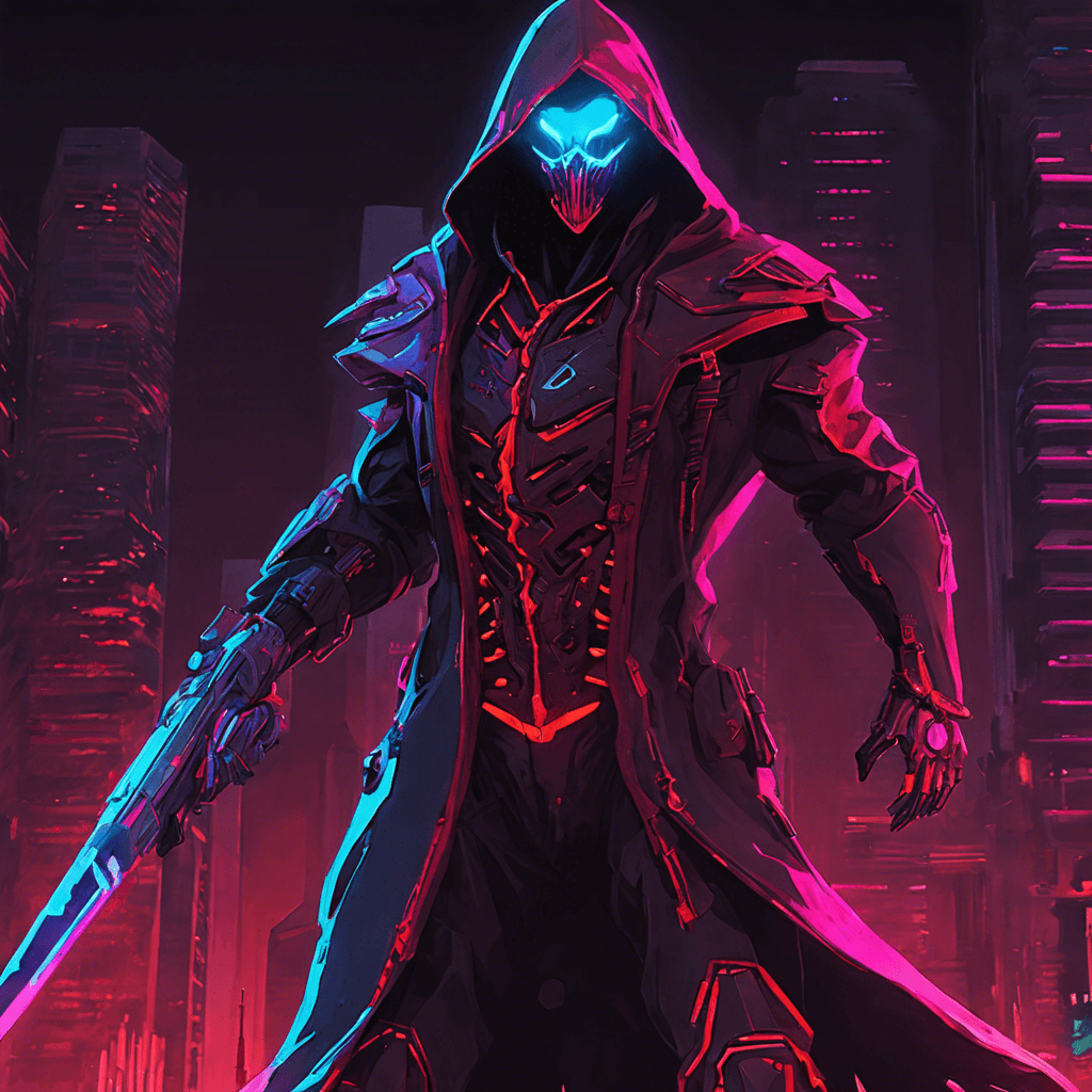 The Neon Reaper is a cybernetically enhanced assassin cloaked in shadowy, neon-lit armor. Its eyes glow a piercing red, and its movements are swift and precise, blending seamlessly with the futuristic cityscape. A deadly aura surrounds it, emanating danger to those who dare to challenge it.