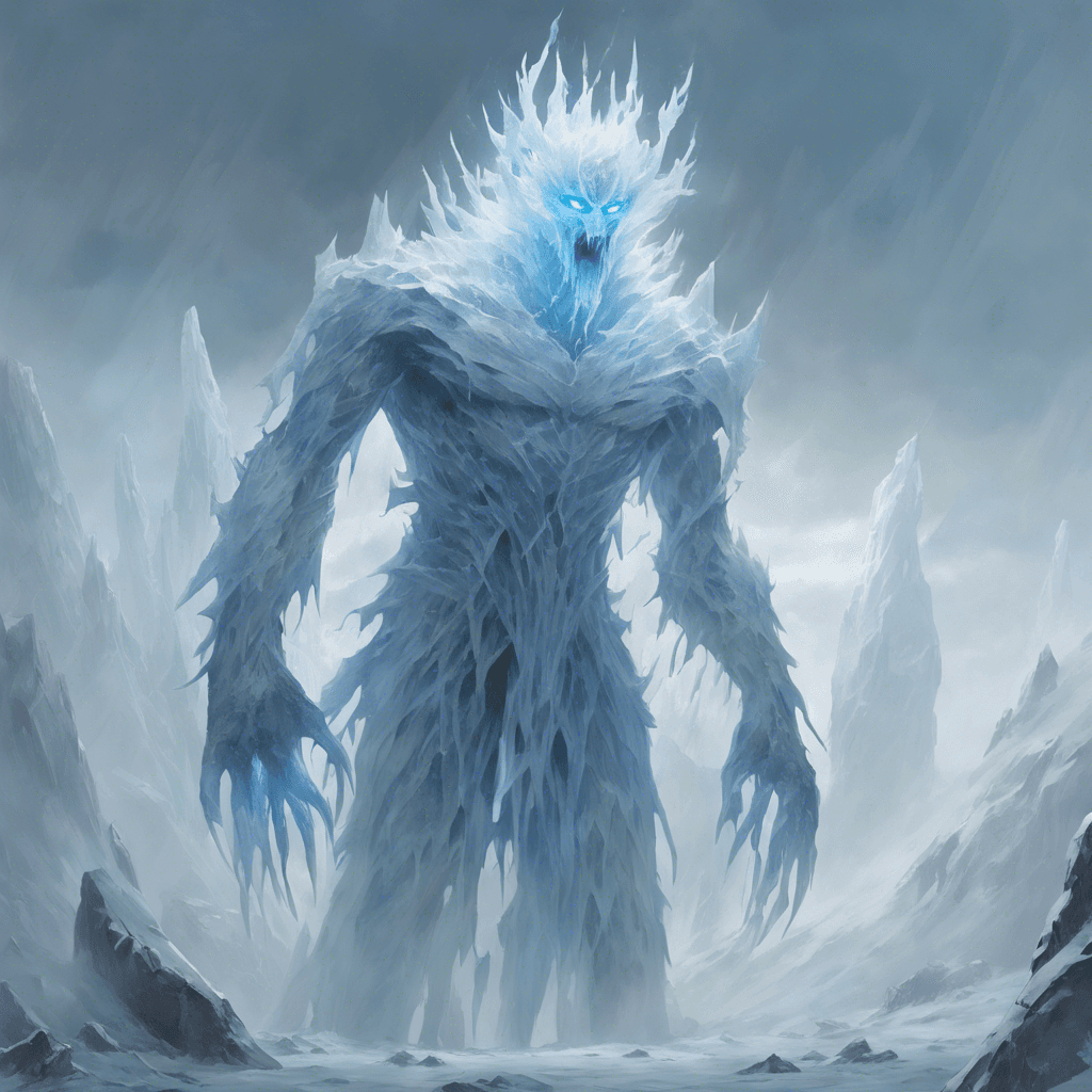 A towering figure, draped in icy shards that hang from its massive, hulking form. Its eyes glow like pale blue flames, and its breath exhales in a frigid mist. Long, jagged claws drip with frost as it moves with deceptively quiet steps, despite its colossal size.