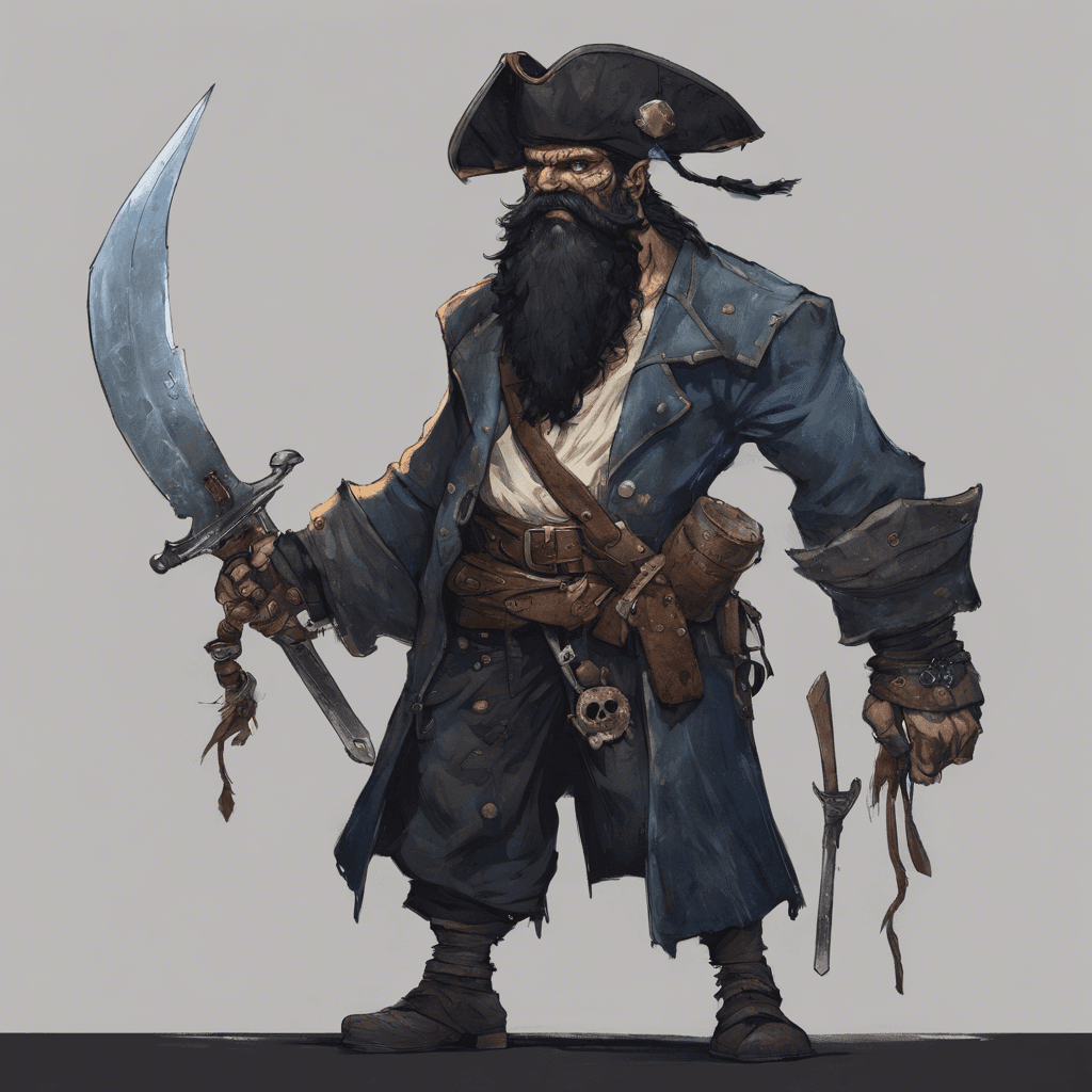 A towering brute of a pirate, with a thick black beard, a weathered face scarred from many duels, and a single, piercing blue eye. The other is covered by a patch. His clothing is an assemblage of leather and steel, and he wields a heavy cutlass that seems to hum with dark energy.