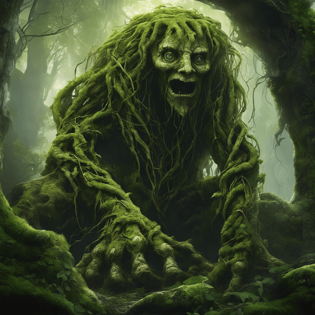 A towering elemental creature composed of woven vines, moss-covered stone, and ancient bark. Its eyes glow with an ethereal green light, and gnarled roots form its massive, grasping hands. It moves with a rumbling grace, causing the ground to tremble with each purposeful step.