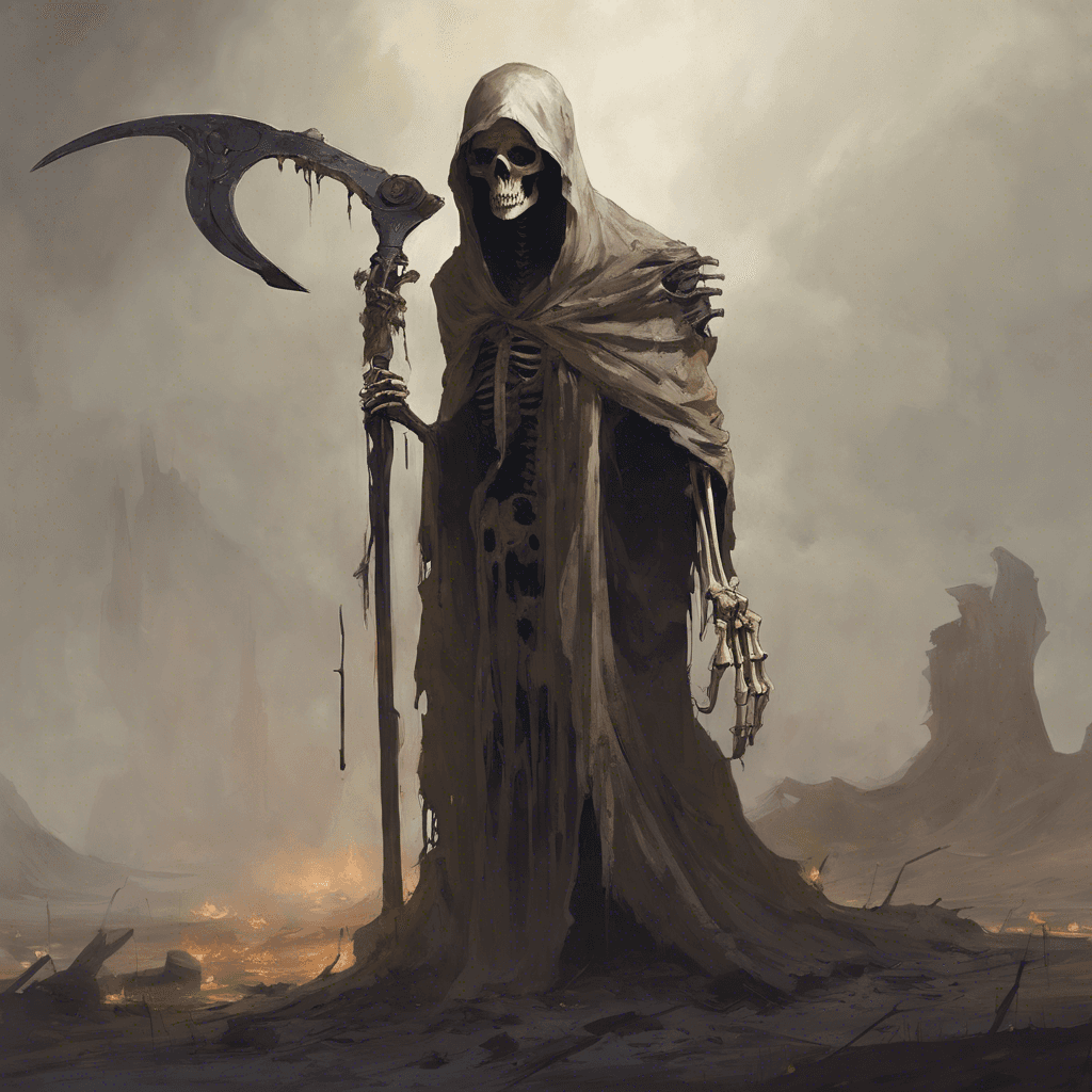 An imposing skeletal figure draped in tattered robes, with hollow eye sockets that burn with a ghostly light. It wields a rusted, but sharp, scythe.