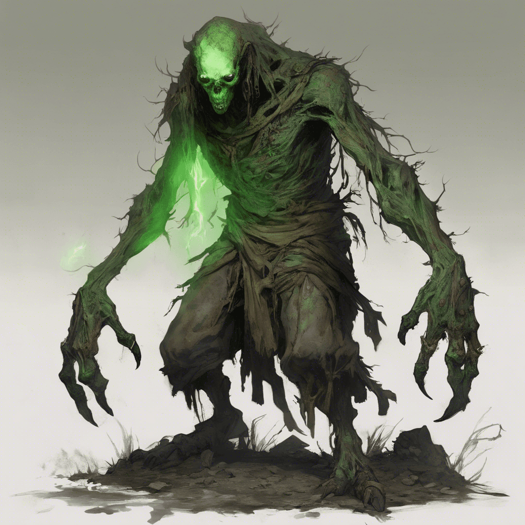 A hunched, gaunt figure with pallid, mottled skin stretched over protruding bones, wearing tattered robes. Its eyes burn with an unnatural green glow, and long, filthy claws extend from its gnarled hands.