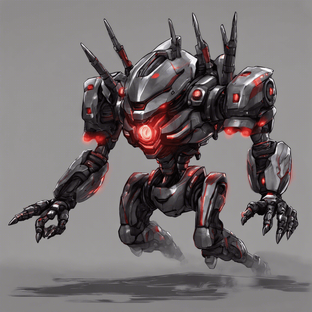 The Xeno Warbot is a towering robotic enemy, standing at 10 feet tall with sleek, metallic armor covering its body. Its glowing red eyes lock onto Nova, emitting a low mechanical hum as it prepares to attack. Its arms are equipped with powerful energy blasters, and its legs are fitted with thrusters for quick movements.