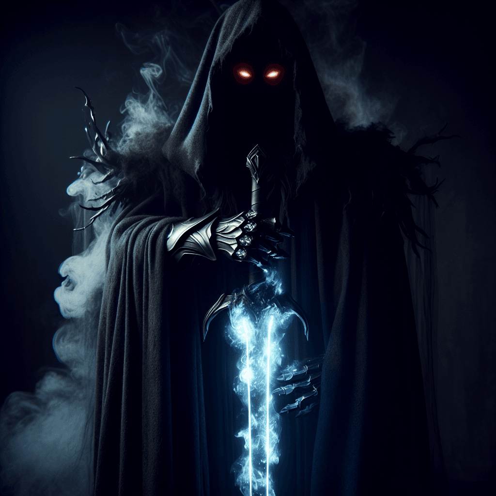 A towering figure clad in ethereal, dark armor with eyes that burn like fiery embers. Its long, shadowy cape seems to blend with the surrounding darkness, and a spectral sword glows ominously in its gauntleted hand.