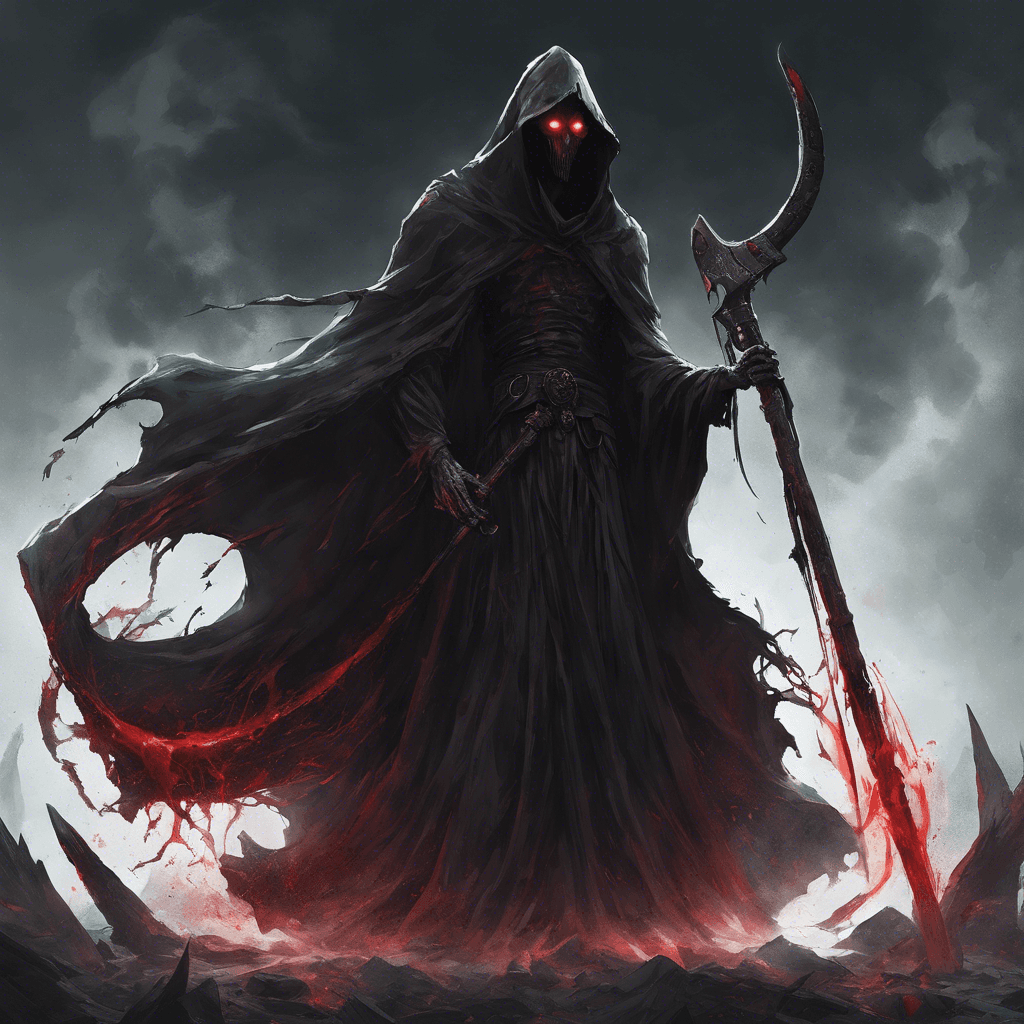 A towering figure, shrouded in tattered black robes that seem to absorb light. Four sinister red eyes glow beneath its hood, and it wields a scythe that crackles with dark energy.