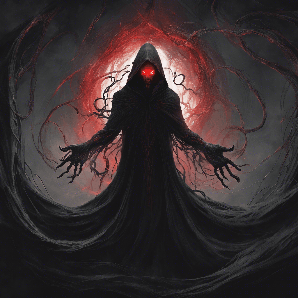 The Void Wraith is a shadowy figure shrouded in darkness, with glowing red eyes that pierce through the veil of black mist surrounding it. Its form seems to waver and shift, making it difficult to focus on. Tendrils of dark energy swirl around its hands, ready to strike at any moment.