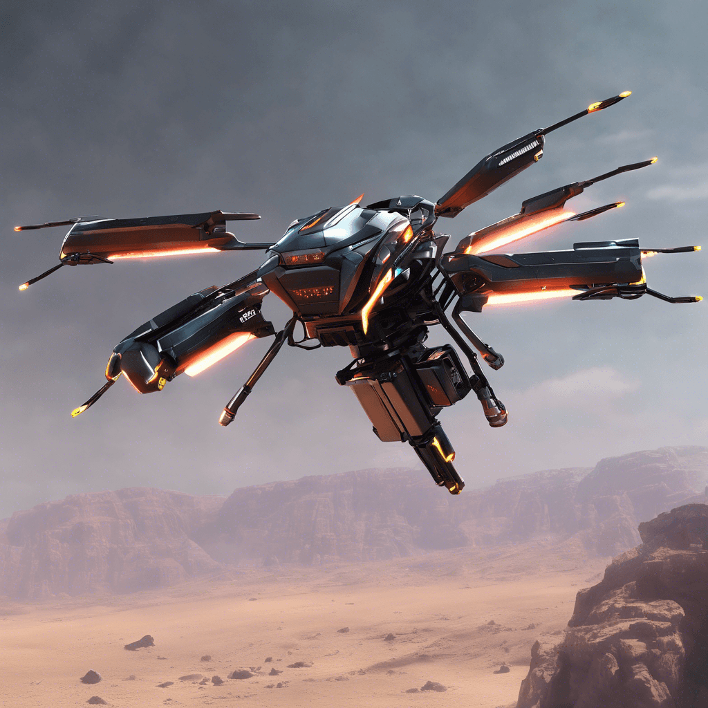 The drone hovers menacingly in the air, with sleek metallic wings and an array of sensors flickering in the dim light. It is equipped with various offensive weaponry, including a gatling-style laser cannon beneath its chassis and small missile pods on its sides. It features branding of the NeonSynth corporation, implying it's a high-end security model.