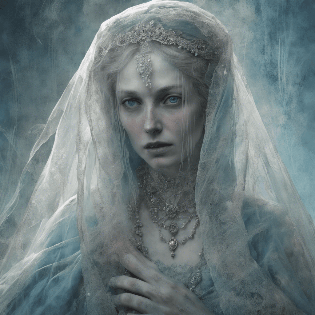 A spectral figure of a noblewoman, translucent and shimmering, with a stern, sorrowful expression etched upon her delicate features. She is adorned in a tattered gown that once bespoke of wealth and status, now faded and ethereal as the rest of her. Her icy blue eyes penetrate the veil of the living, and her hands warp the air around them with ghostly energy.