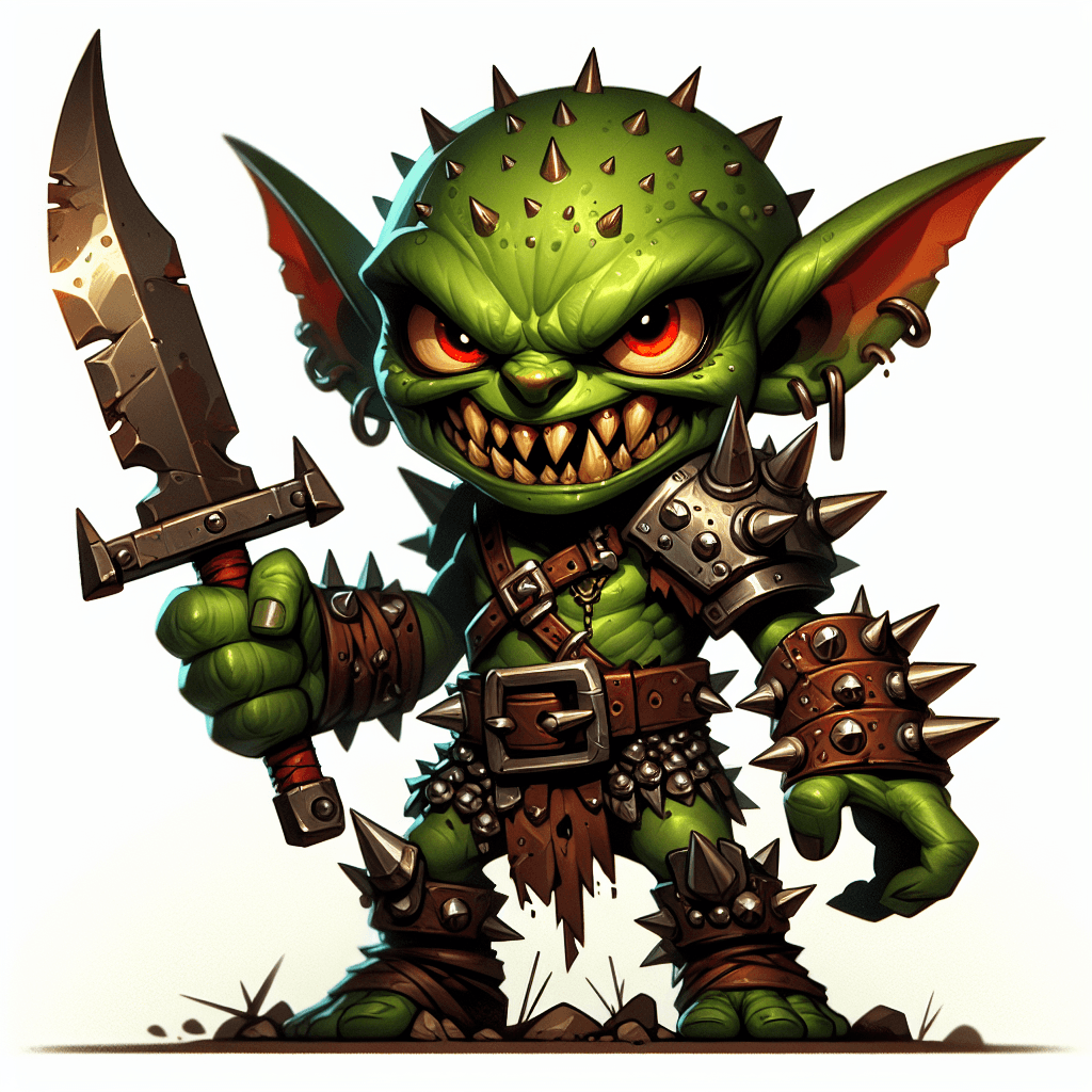 A small, green-skinned goblin with yellow sharp teeth and red, piercing eyes. It is equipped with leather armor studded with metal spikes and brandishes a rusty scimitar.