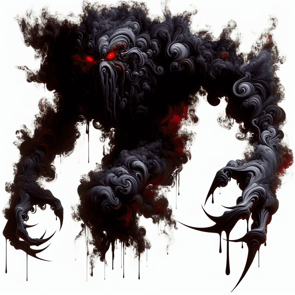 A hulking beast made of swirling darkness, with glinting red eyes and elongated, clawed fingers that seem to drip with inky substance.