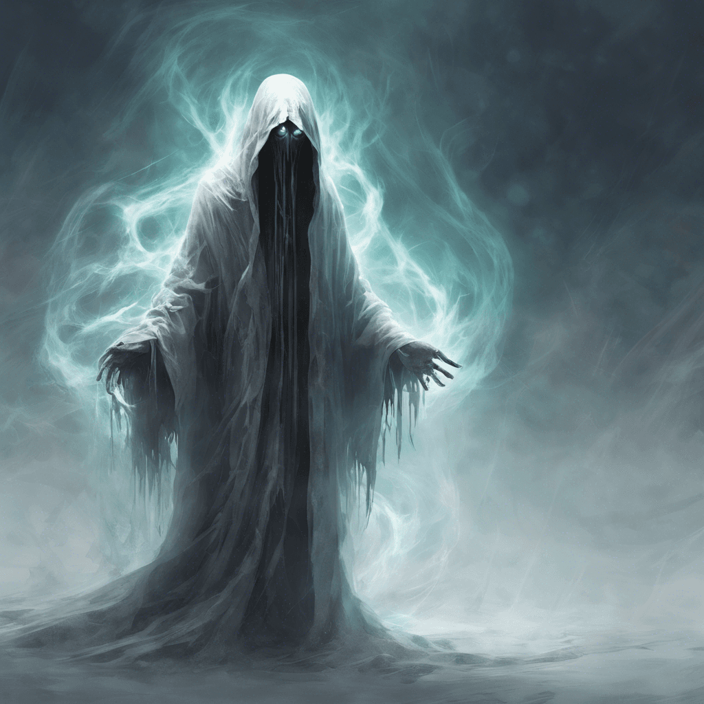 A ghostly figure shrouded in tattered, ancient robes, emanating a chilling aura that freezes the air around it. Its eyes glow with a malevolent light, and its wispy form seems to flicker in and out of existence.