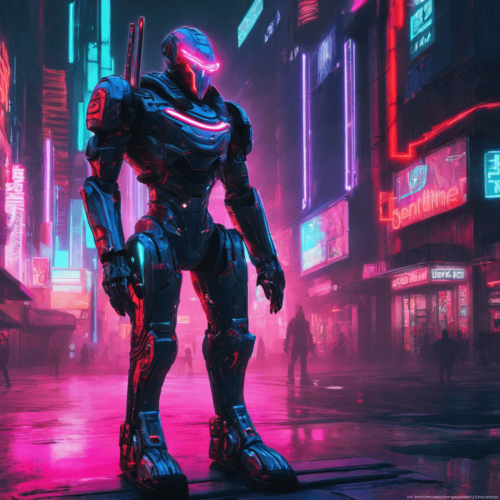 The Neon Sentinel is a towering android-like figure, covered in sleek, reflective armor that shimmers in the neon lights of NeoCity. Its eyes glow with a menacing red hue, scanning its surroundings with advanced facial recognition technology. Its limbs are equipped with powerful cybernetic enhancements, ready to strike down any intruders.