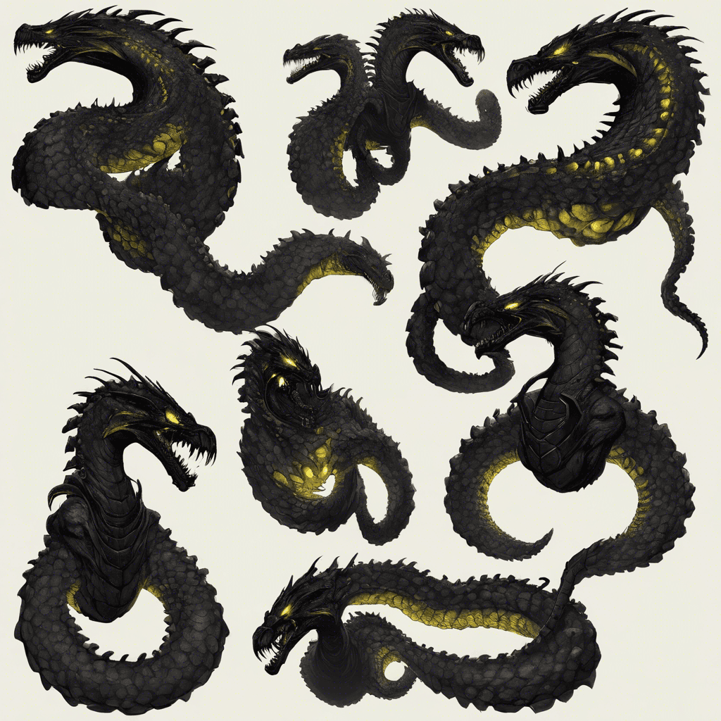 The Gloomfang Hydra is a monstrous creature with three serpent-like heads, each complete with rows of razor-sharp teeth and glowing yellow eyes. Its sinewy body is covered in slick, black scales that seem to absorb the light around it, giving it an otherworldly, shadowy appearance. Each head can spit a corrosive, black bile that sizzles on contact with the ground. Thick, smoke-like plumes rise from its flexible spine, and clawed appendages scrape loudly against the stone as it moves.