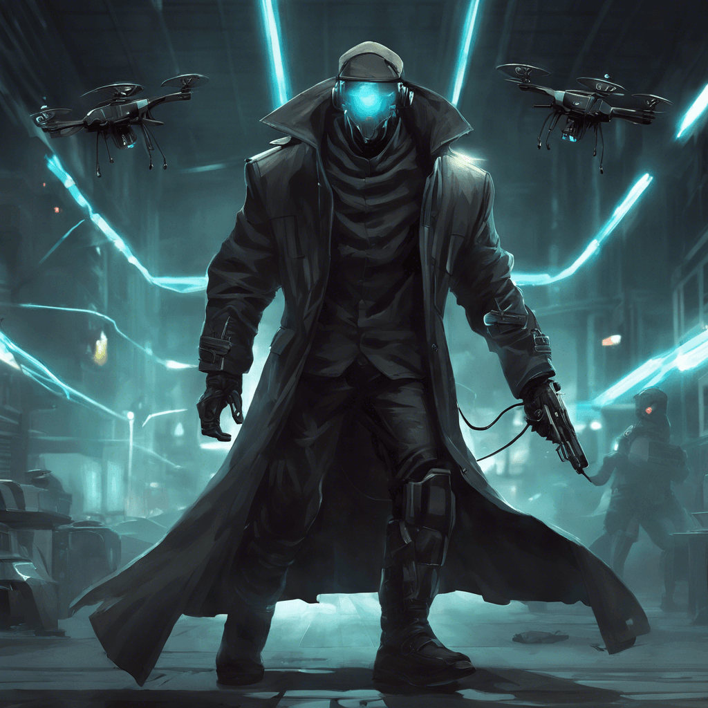 The enemy is a formidable figure clad in a long, dark trench coat with a glowing visor that obscures their face. They are equipped with portable hacking gear on their wrist interface and surrounded by hovering combat drones.