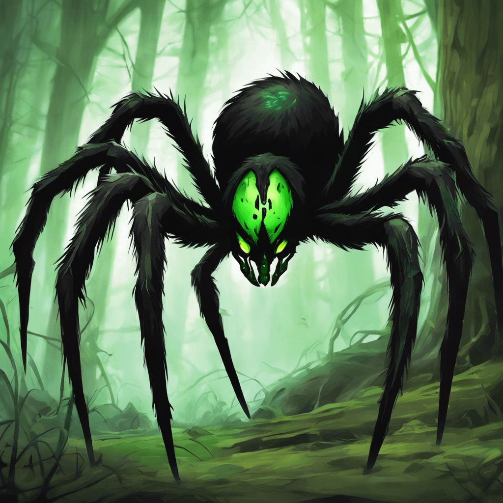 A giant spider with ebony fur, gleaming emerald eyes, and fangs dripping with a sinister green poison. It moves silently, save for the occasional skittering sound.