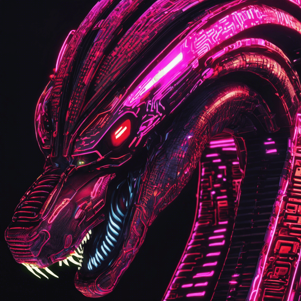 The Cyber Serpent is a sleek, serpentine robot covered in neon circuit patterns that pulse and shift with every movement. Its eyes glow with a menacing red light as it slithers through the shadows, ready to strike at a moment's notice.