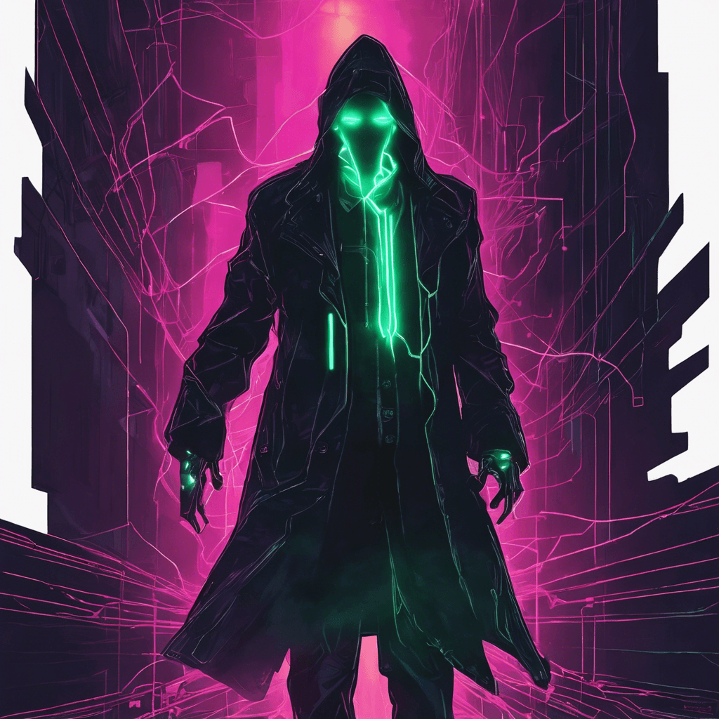 The Neon Shadow Hacker is a mysterious figure clad in a dark trench coat, with cybernetic implants glowing faintly beneath the shadows of their hood. Their eyes shimmer with unnatural light, scanning the surroundings with eerie precision. A tangled web of flickering code dances around them, manipulating reality at will.