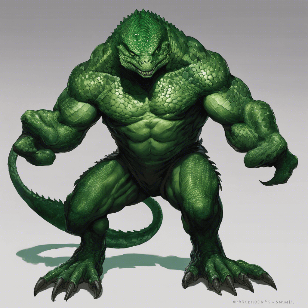 A hulking reptilian creature with emerald green scales. Its muscular arms and shoulders suggest immense strength, and its eyes gleam with a predatory intelligence. The Machor moves with a lumbering grace, its tail swishing menacingly behind it.