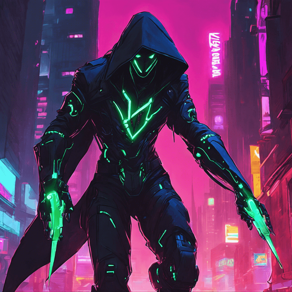 A cybernetic assassin cloaked in darkness, the Neon Blight moves with grace and lethal precision. Its body is a mix of sleek metal and luminescent neon lights, making it blend seamlessly with the cityscape. Its glowing eyes pierce through the shadows, ready to strike at any moment.